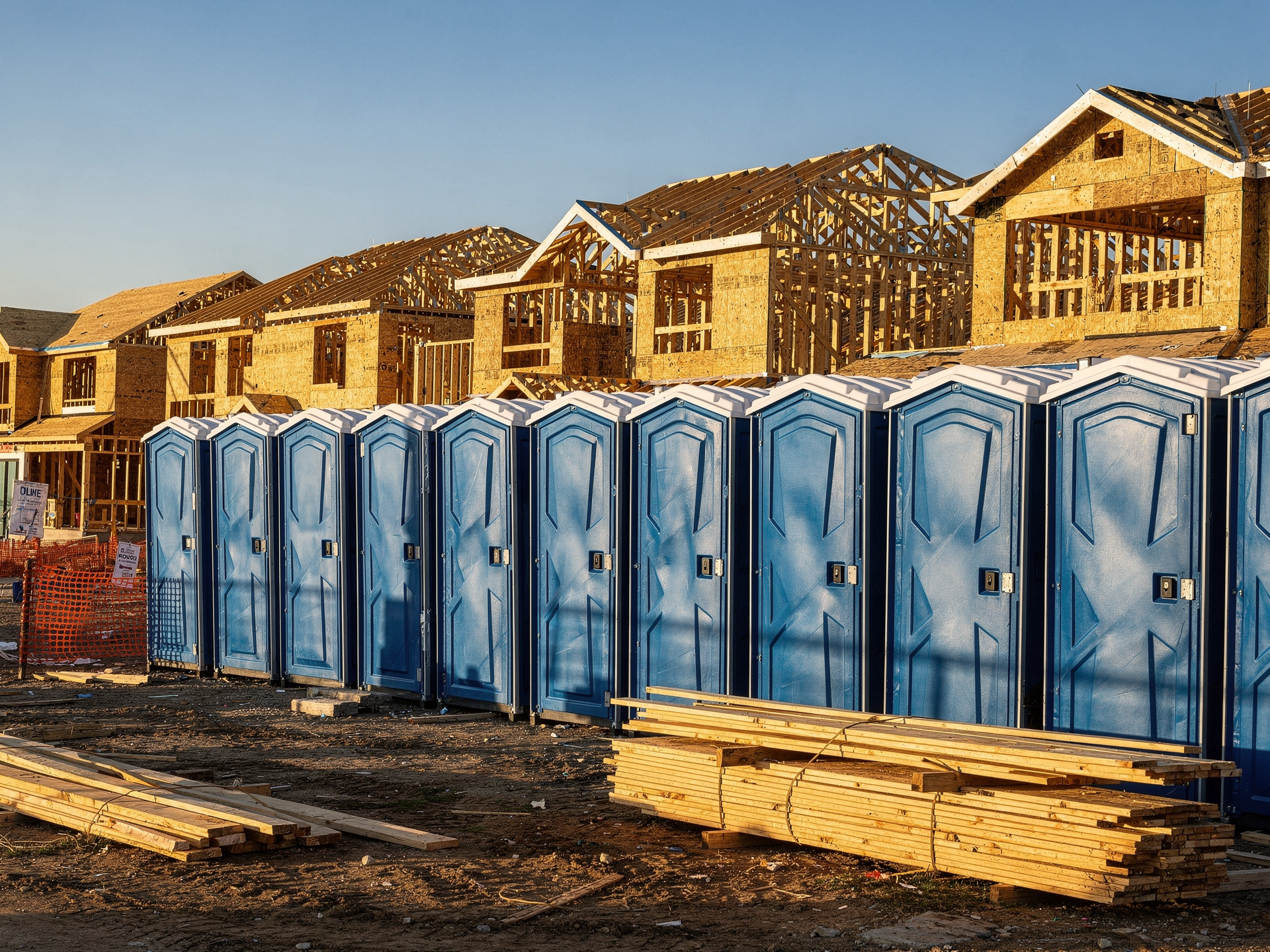 Row of standard blue porta potties at a construction site